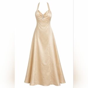 David’s Bridal Champagne Satin Gown w/ Crystal Detail | Size 4 Formal Dress